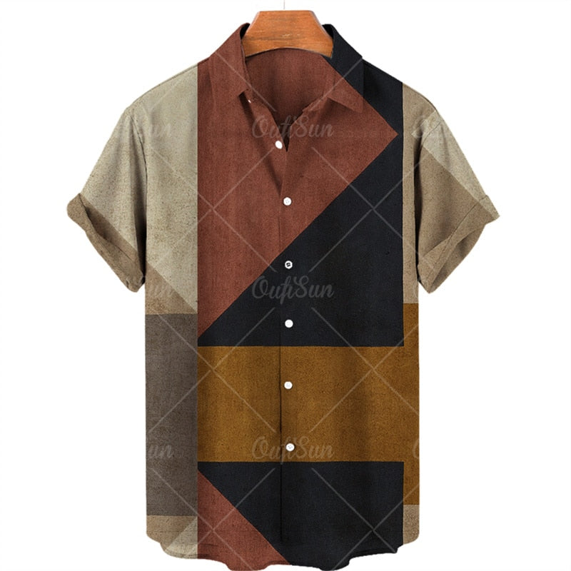 Camisa masculina de praia havaiana de verão geometria