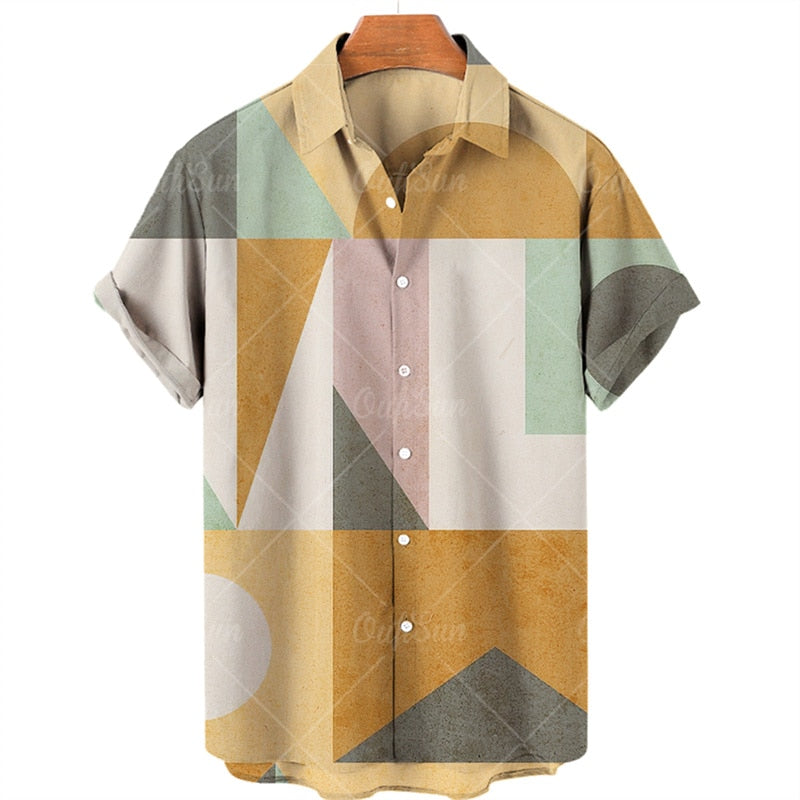 Camisa masculina de praia havaiana de verão geometria