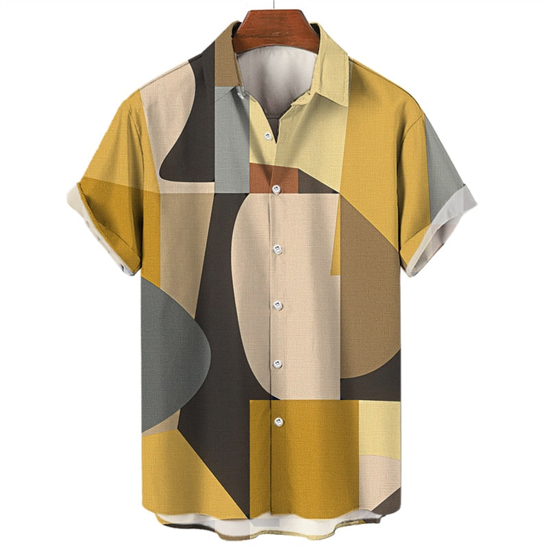 Camisa masculina de praia havaiana de verão geometria