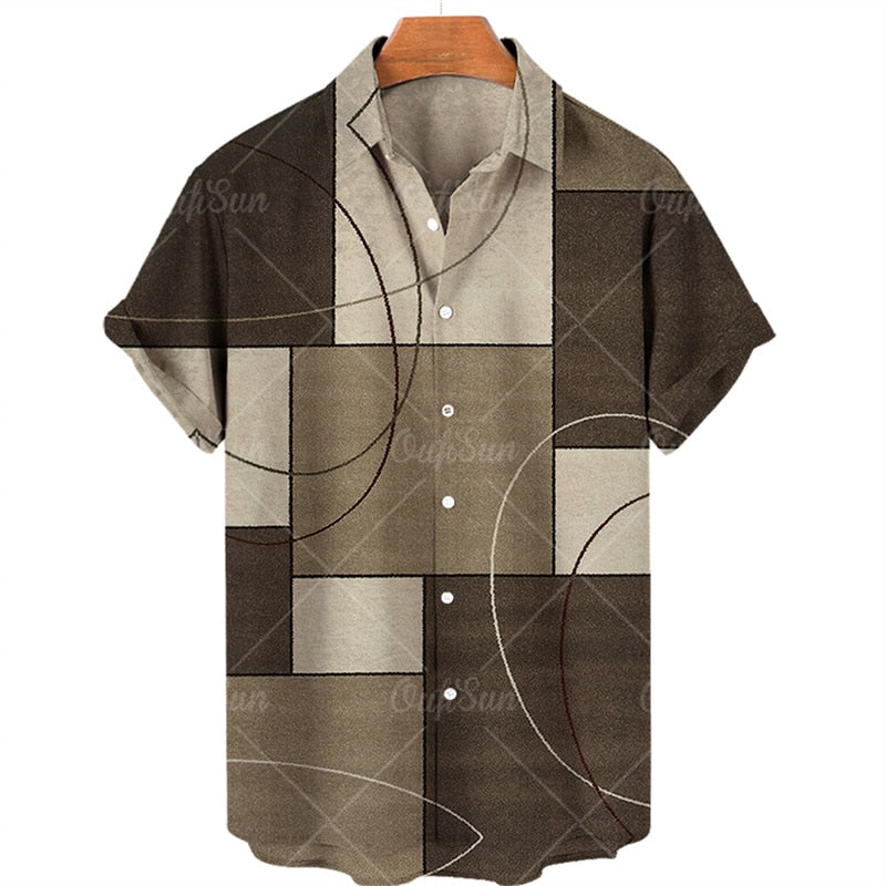 Camisa masculina de praia havaiana de verão geometria